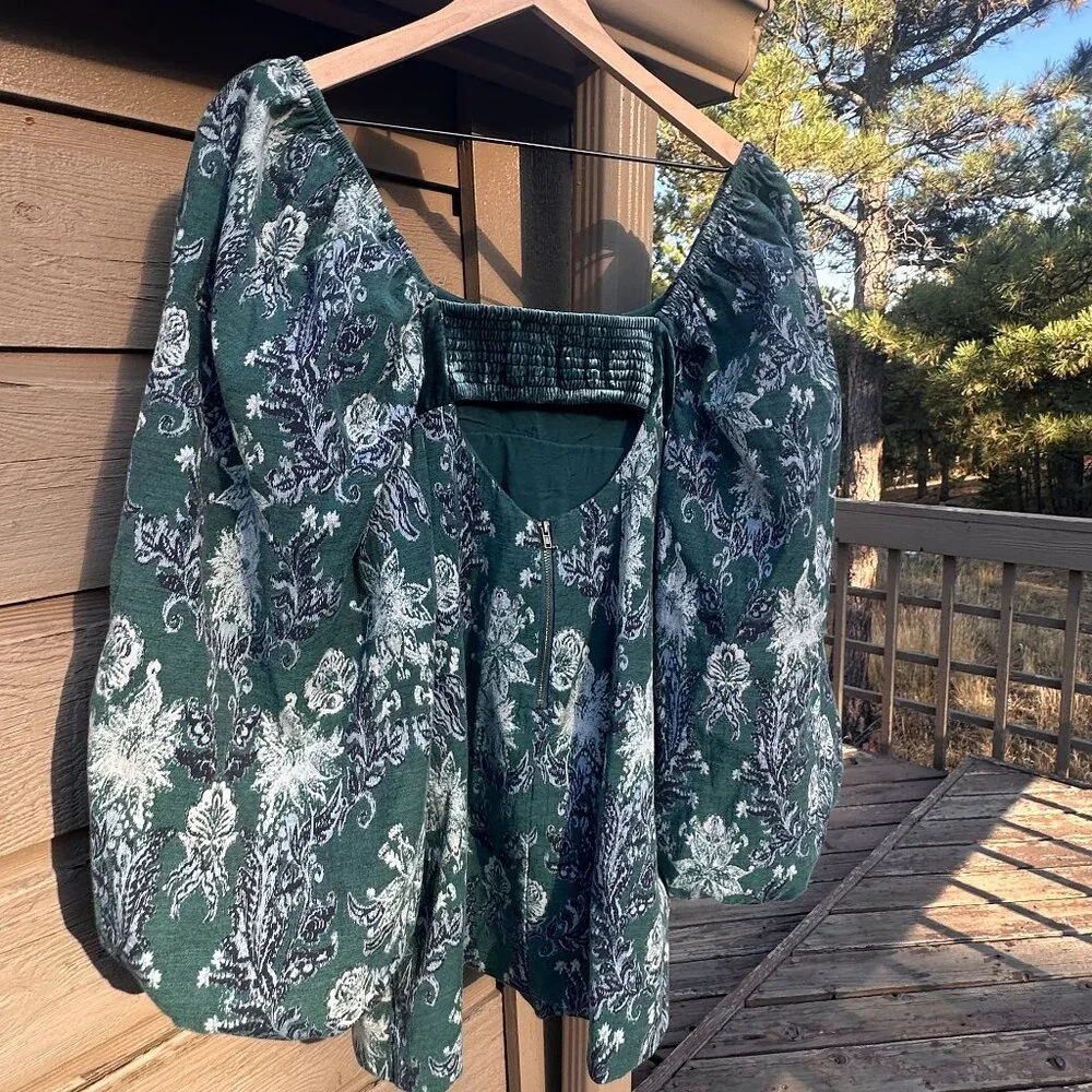 EUC Free People Lauren Green Floral Velvet & Tapesty Holiday Mini Dress